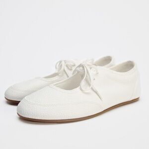 Zara Women's White Cream Lace Up Ballet Textured Flats